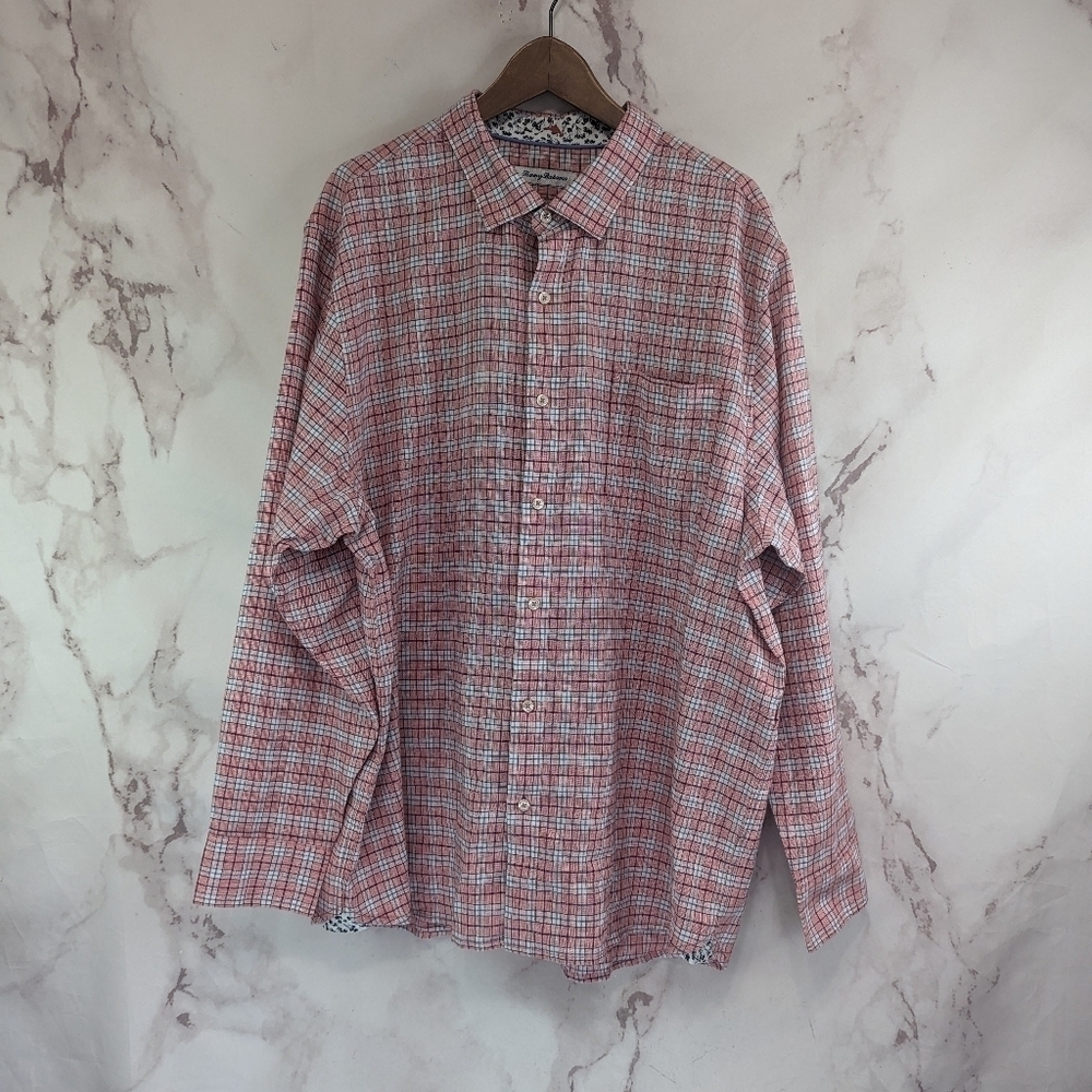 Tommy Bahama Shirt Mens XXL 2XL Pink Linen Plaid Blue Long Sleeve Button Up